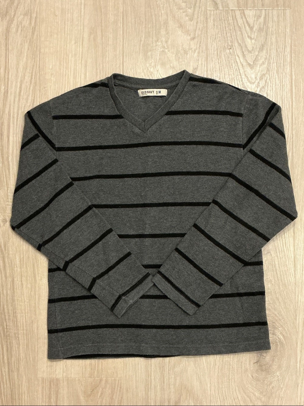 Vintage Old Navy Men's Charcoal Gray V-Neck Sweater with Black Stripes